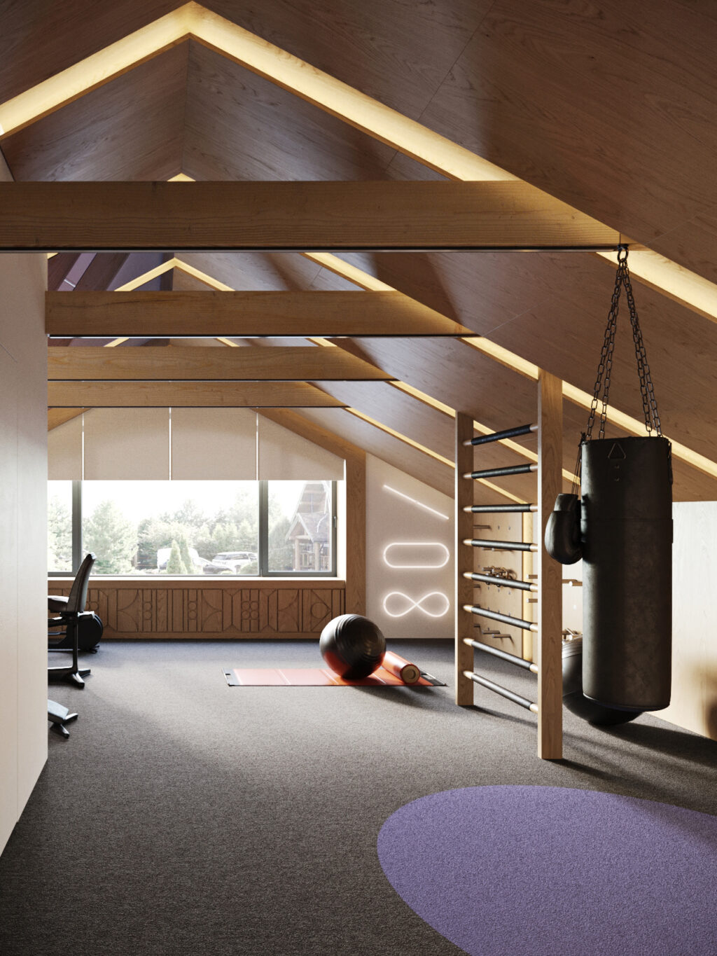 Minimalist training space with natural light and movement equipment