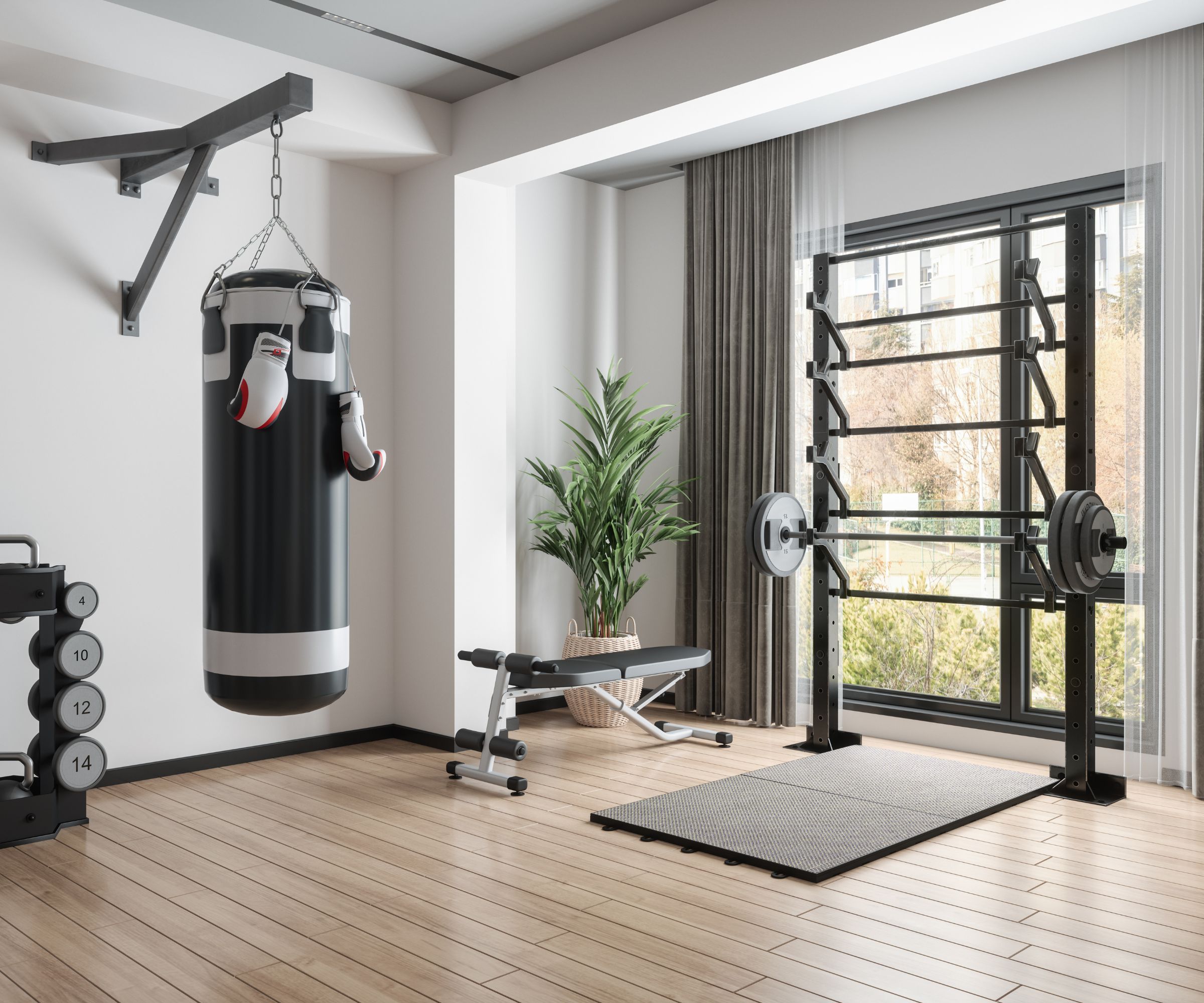 Clean training space with organized movement equipment and natural lighting